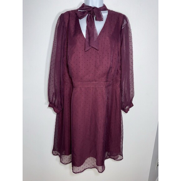 MODCLOTH Burgundy Fit Flare Dress Apogee of Elegance Swiss Dot Chiffon Women 20 - Picture 1 of 11
